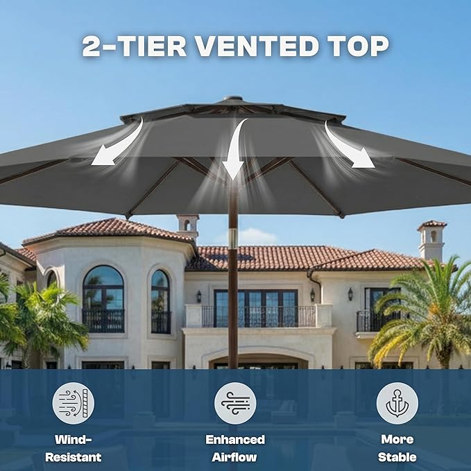 Outdoor Patio Umbrella, 2 Tiers Market Table Umbrella with 8 Sturdy Ribs, Push Button Tilt and Crank, UPF50+ UV Protection for Deck, Pool, Garden and Backyard