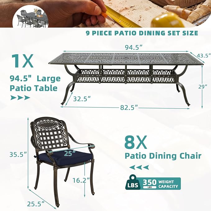 MEETWARM 9-Piece Outdoor Patio Dining Set for 8, All Weather Cast Aluminum Patio Funiture Table and Chairs Set- 94.5” Rectangular Table and 8 Cushioned Chairs for Garden, 2" Umbrella Hole, Navy Blue