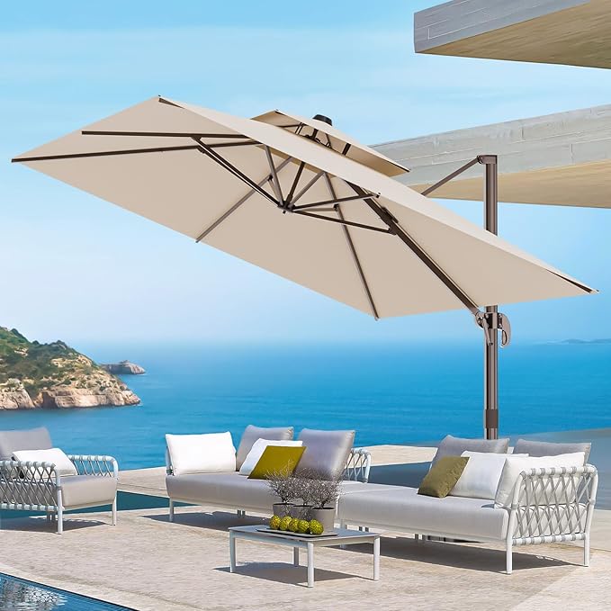 9' X 12' Cantilever Outdoor Patio Umbrellas Double Top Large Rectangle Umbrella Heavy Duty 360°Rotation Offset Umbrella for Garden Deck Pool Patio,Beige