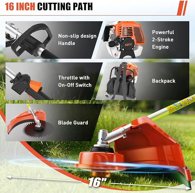 Baotree 52cc Gas Powered Pole Saws,2-Stroke Weed Eater for Tree Trimming, 3 in 1 Gas Brush Cutter,Carb Compliant Lawn Equipment, Quick Start Grass Cutter