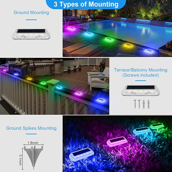 T-SUN Solar Deck Lights Outdoor Waterproof, Deck Lights Solar Powered, Driveway Marker Light for Fence Front Door, Step, Stair, Garden, Sidewalk, Pathway, Dock Porch, Backyard (Multicolor, 4 Packs)