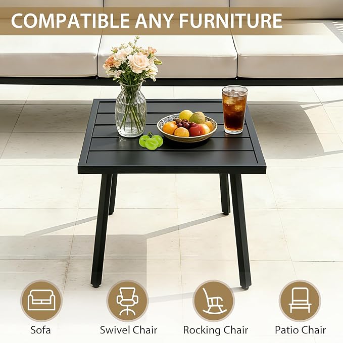 Patio Side Table, Square Outdoor End Table with Wood Grain Tabletop for Patio, Balcony and Garden, Black