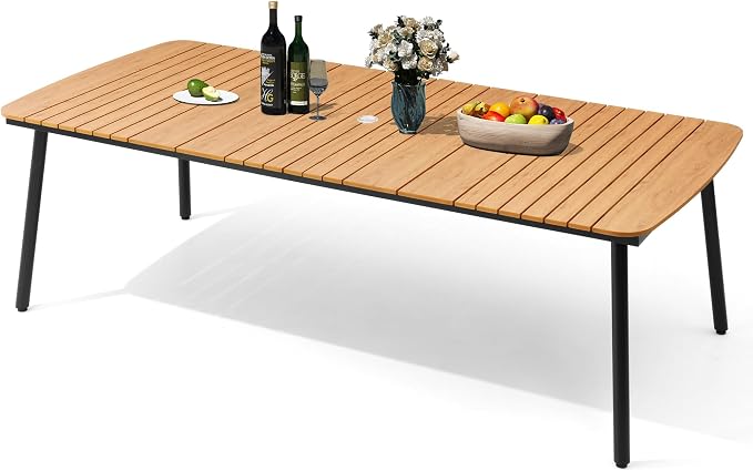 93" Outdoor Dining Table for 10 Brown Patio Dining Table with Umbrella Hole Rectangle Dining Table with Aluminum Frame and Waterproof Wood Grain Tabletop for Lawn Backyard Garden Poolside