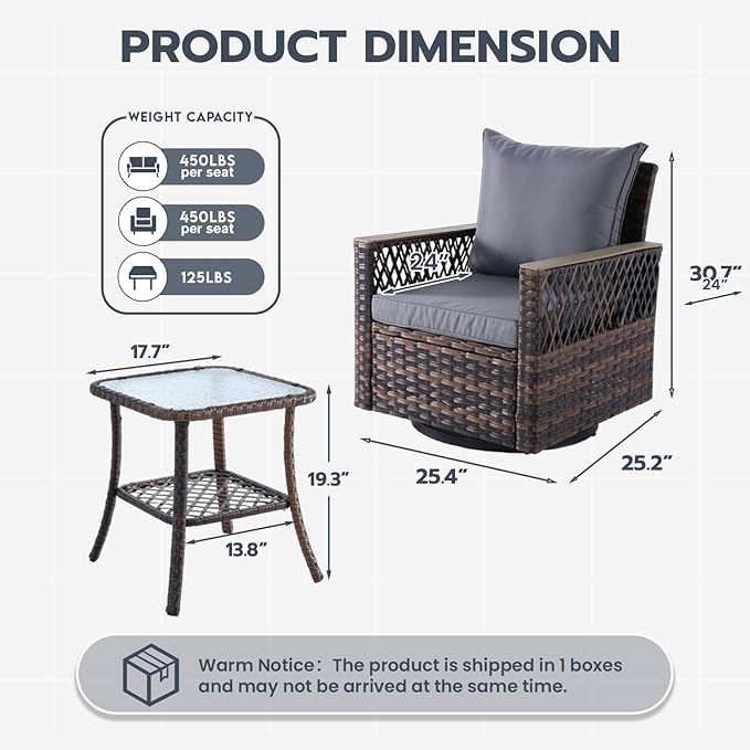 MELLCOM Outdoor Swivel Rocker Patio Chairs，3 Pieces Patio Bistro Set with Table Set, All-Weather Wicker Patio Furniture Set with Thickened Cushions and High Back for Garden, Backyard
