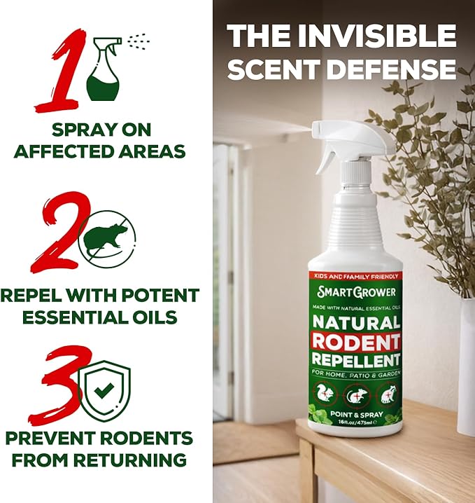 Peppermint Oil Spray for Rodents – Maximum Strength Ready to Use Peppermint Spray for Rodent, Mice, Squirrels – Indoor, Outdoor & Car Engine Protection – 16 oz