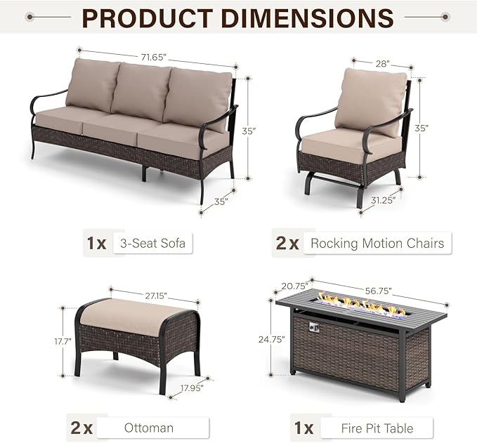 GREEN PARTY Extra Large Outdoor Patio Furniture Set with 56" Fire Pit Table 6 Pieces for 7, Modern Metal Patio Conversation Sets with High Back 3-Seat Sofa, 2 Motion Chairs, 2 Ottoman, 1 Pit Table