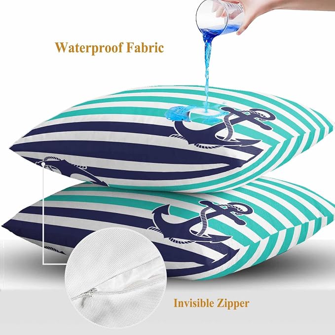 Throw Pillow Covers 24x24 Inch Set of 2, Anchor Turquoise Waterproof Outdoor Cushion Covers, Modern Navy Blue White Striped Nautical Decorative Pillowcases for Couch, Sofa, Bed, Garden, Patio