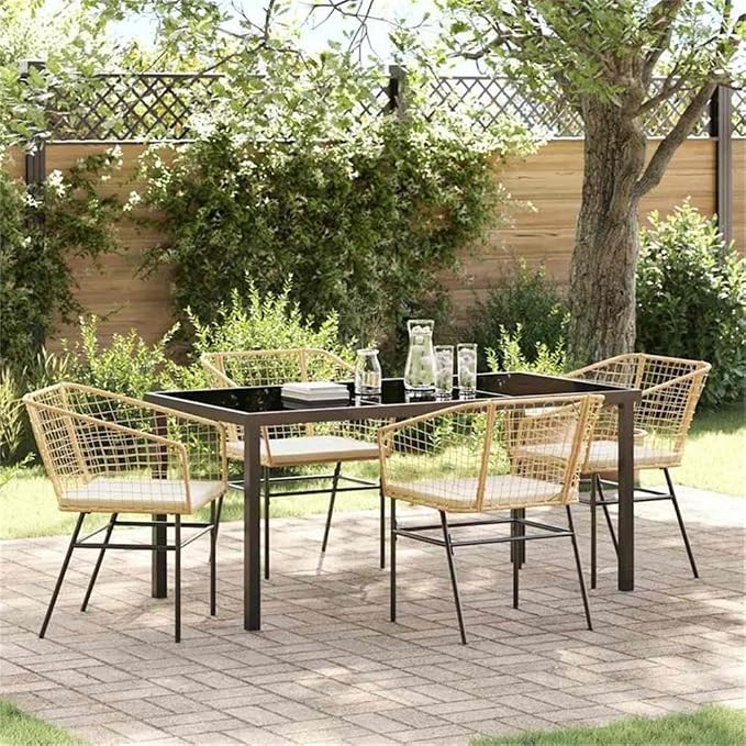 Afuera Living 5 Piece Poly Rattan Patio Dining Set, Brown Finish, Durable Powder-Coated Steel Frame, Easy-Clean Glass Tabletop, UV-Resistant, Outdoor Garden Furniture for 4-Person Seating