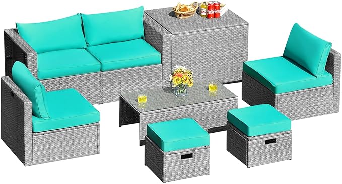 DORTALA 8 Pieces Patio Furniture Set, PE Rattan Sectional Sofa Set with Tempered Glass Table & Waterproof Cushions, Outdoor Wicker Conversation Set for Balcony, Poolside, Turquoise