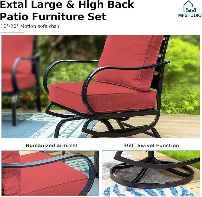 MFSTUDIO 5 Pieces Patio Conversation Sets,Outdoor Metal Furniture Sofas with 1 x 3-Seat Sofa, 2 x Swivel Chairs,2 x Ottoman,Wrought Iron Frame with Red Cushion for Patio Courtyard Balcony