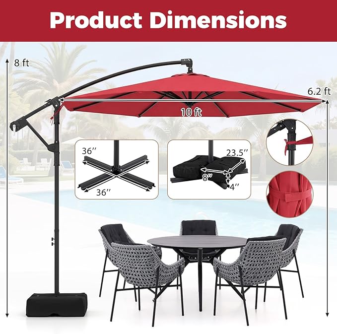 Tangkula 10ft Patio Umbrella with Base Included, Offset Cantilever Outdoor Umbrella with 360 Degree Rotation, 2 Sandbags, Crank Handle for Pool Deck Garden Backyard