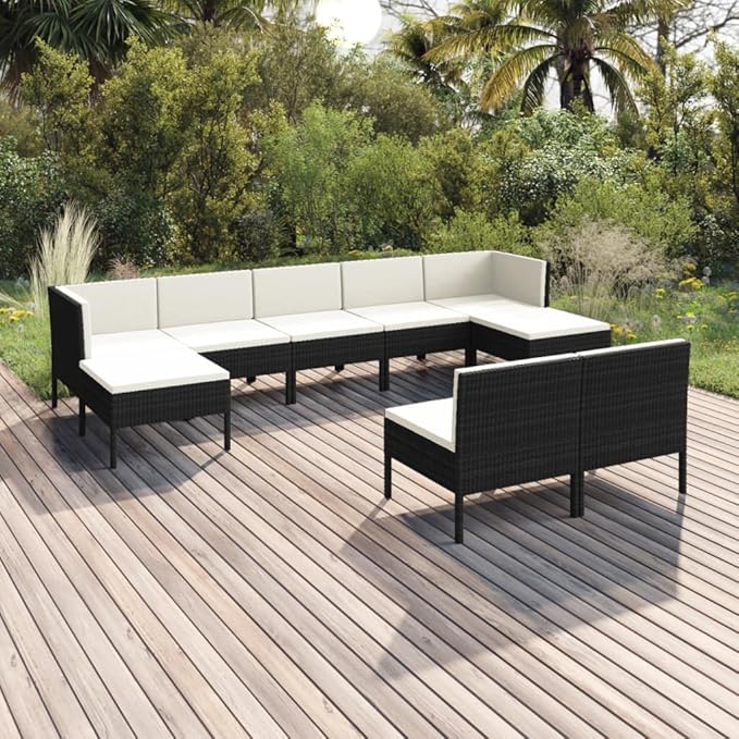 Patio Lounge Set with Cushions,Patio Furniture Sets,Patio Conversation Sets,Outdoor Furniture Sets,for Garden,Backyard,Outdoor,9 Piece Poly Rattan Black