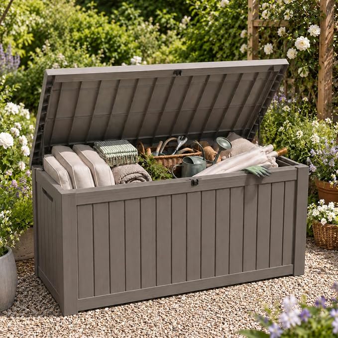 270 Gallon Extra Large Deck Box Outdoor, Resin Storage Box Outdoor Waterproof, Lockable Garden Storage Bench, Holds Patio Furniture, Pool Supplies & Equipment, Hydraulic Rod, UV-Proof, Gray Brown