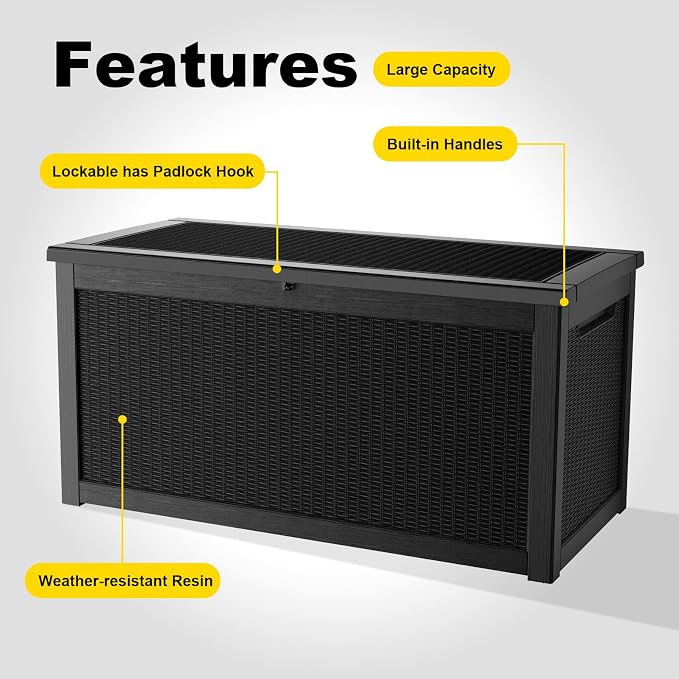 PatioZen 320 Gallon Large Resin Deck Box, Lockable Outdoor Storage Box for Patio Cushions Storage Furniture,Garden Tools, Pool Supplies, Weatherproof and UV Resistant (Black)