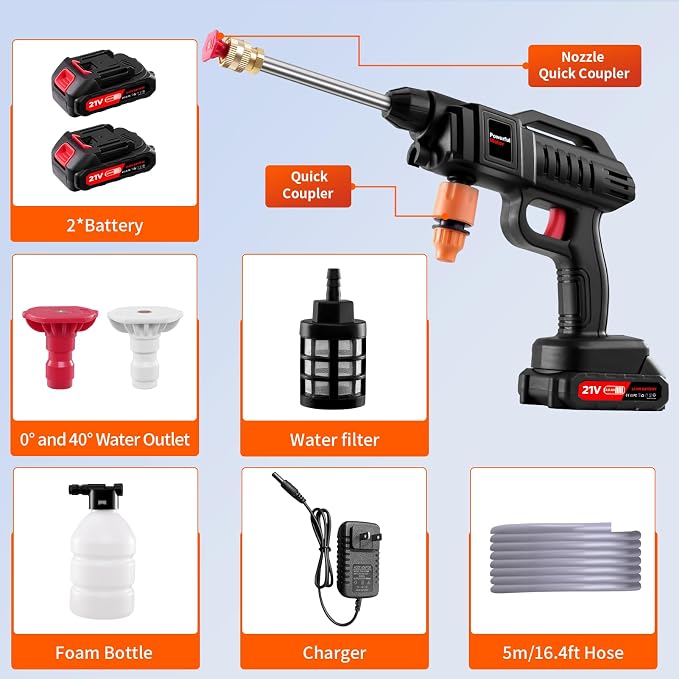 Papasbox 1500W Cordless Pressure Washer, Portable Power Washer with 21V 2 * 2.0Ah Battery, Battery Pressure Washer Kit for Washing Cars/Floor/Garden Cleaning & Watering