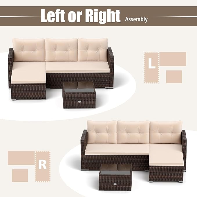 Tangkula L Shaped Outdoor Patio Furniture Set, 4 Seats Wicker Patio Conversation Set with Cushions and Tempered Glass Coffee Table, for Yard, Porch, Garden and Poolside