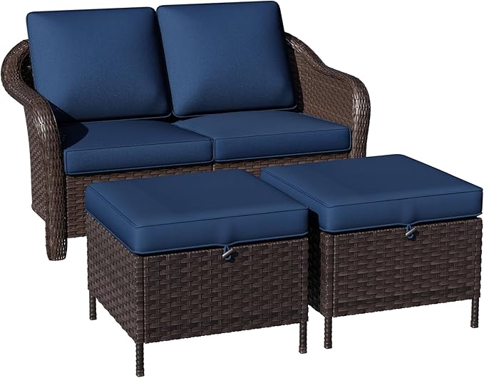 3 Piece Patio Wicker Conversation Set, All-Weather Use Outdoor Wicker Loveseat with 2 PE Rattan Ottomans, Ideal for Porch, Backyard, Balcony, Poolside, Blue