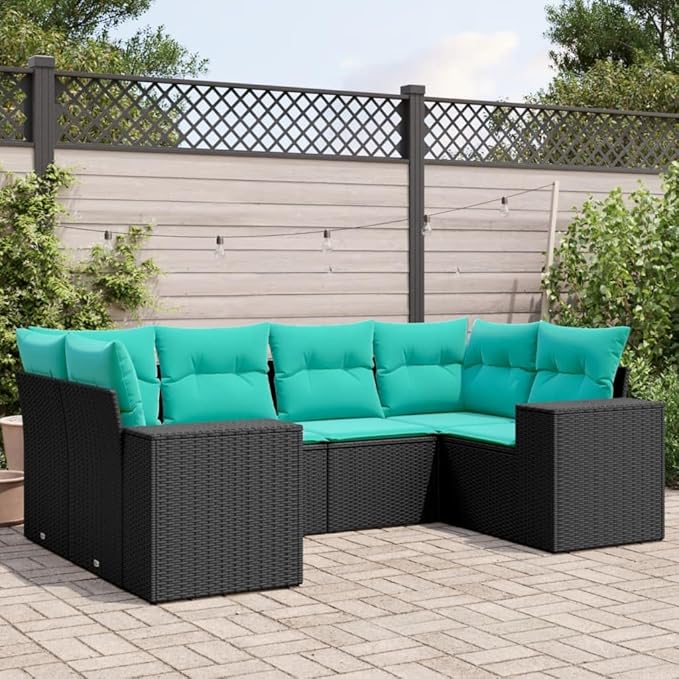 6 Piece Patio Sofa Set with Cushions, Patio Conversation Set Sectional Sofa Front Porch Furniture Outdoor Dining Sets for Negotiation Area Garden Exhibition Poolside Black Poly Rattan