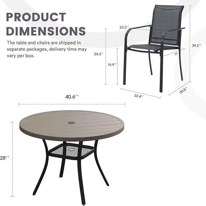 5 Pieces Patio Dining Set, 41" Round Dining Table with Umbrella Hole, 4 Stackable Textilene Fabric Chairs, Metal Structure for Patio, Porch, Garden(Grey Table, Grey Chair)