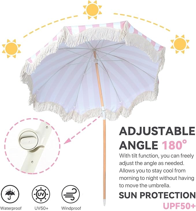 6ft Outdoor Boho Umbrella With Tassels Pink And White Striped Patio Umbrella UPF 50+ Protection Beach Umbrellas For Sand 8 Ribs Fringe Umbrella With Tilt Market Table Umbrella for Pool Backyard