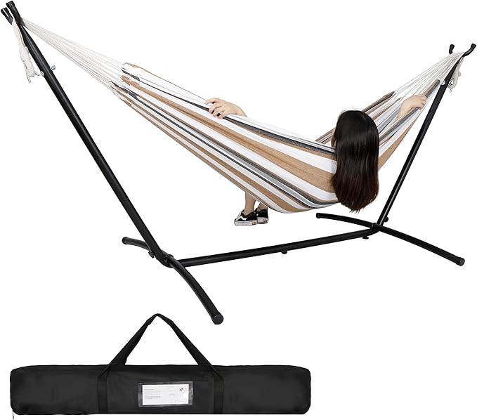 Portable 2-Person Hammock with Heavy Duty Steel Stand, Carrying Case and 6 Optional Hook Positions, Double Hammock for Indoor Outdoor Patio Bedroom (Desert Stripes)