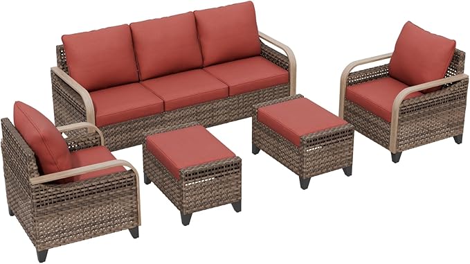 Modern Wicker Patio Furniture Set, Rattan Outdoor Conversation Set with Comfortable Cushions, 2 Patio Chairs, 3 Seat Couch and 2 Ottomans, 5 Pieces, Brown/Red