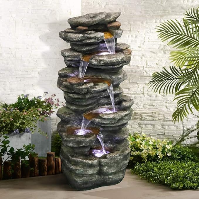 PeterIvan 6-Tier Rockery Outdoor Relaxing Water Fountain - 40” H Outdoor Waterfall Fountain with LED Light for Home&Office Decor, Stone-Liking Cascading Relaxation Garden Fountains for Patio, Garden