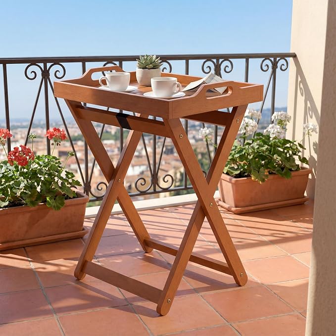 HAPPYGRILL Outdoor Wood Tray Table Folding Side Table with Removable Serving Tray, Portable Patio End Table for Porch, Garden, Backyard, Poolside (2)