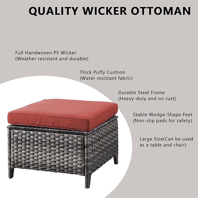 Rilyson 3 Piece Wicker Patio Furniture Set - Outdoor Rattan Patio Comversation Set with 1 Sofa and 2 Ottomans for Outside Porch Deck Garden(Mixed Grey/Red)