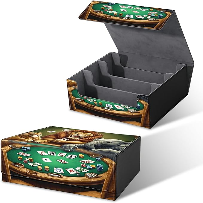 Card Deck Box for MTG, Cards Storage Box Fits 120+ Sleeved, Leather Big Size Strong Magnetic Closing Case for Board Games Magic TCG CCG Baseball Collection Women Man, Elephant Lion
