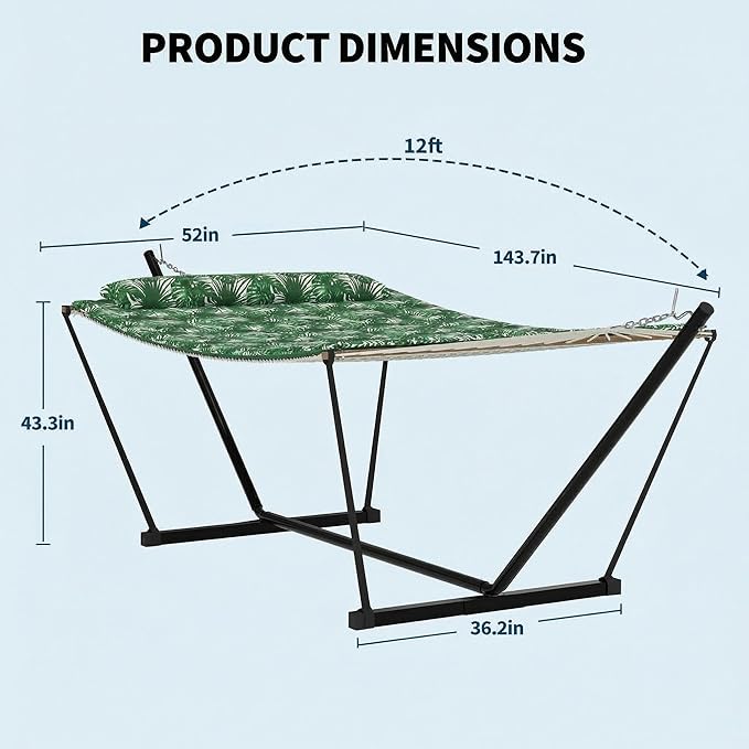 2 Person Portable Double Hammock with Stand, Outdoor Quilted Polyester Padded Hammock with Pillow, Adjustable Steel Hammock Stand for Patio, Garden, Beach, Backyard, Camping