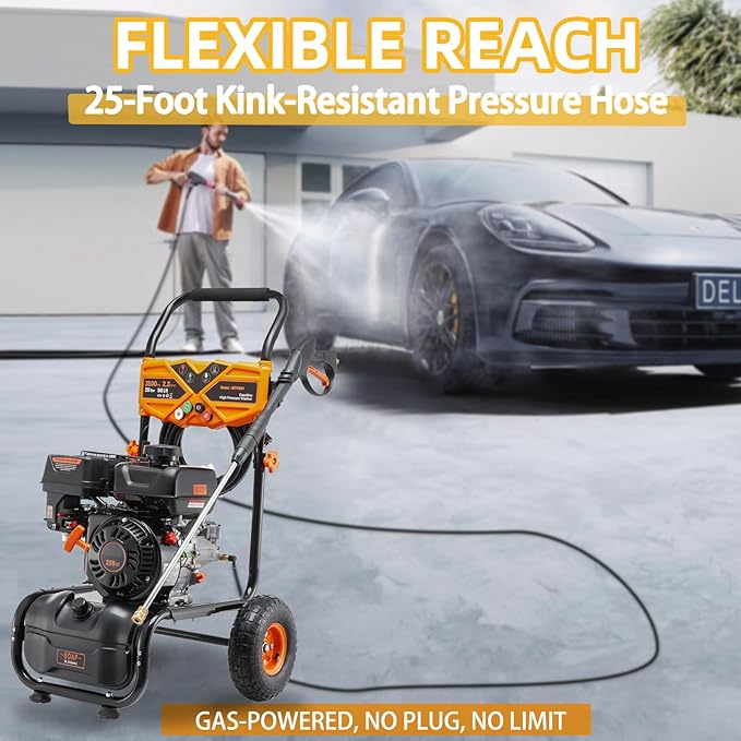 Gas Pressure Washer, 3500PSI 2.3GPM Gas Power Washer W/25FT Hose, 4 Quick-Connect Nozzles, Onboard Soap Tank, Portable Water Pressure Washers for Cars/Fences/Driveways/Homes/Patios/Furniture