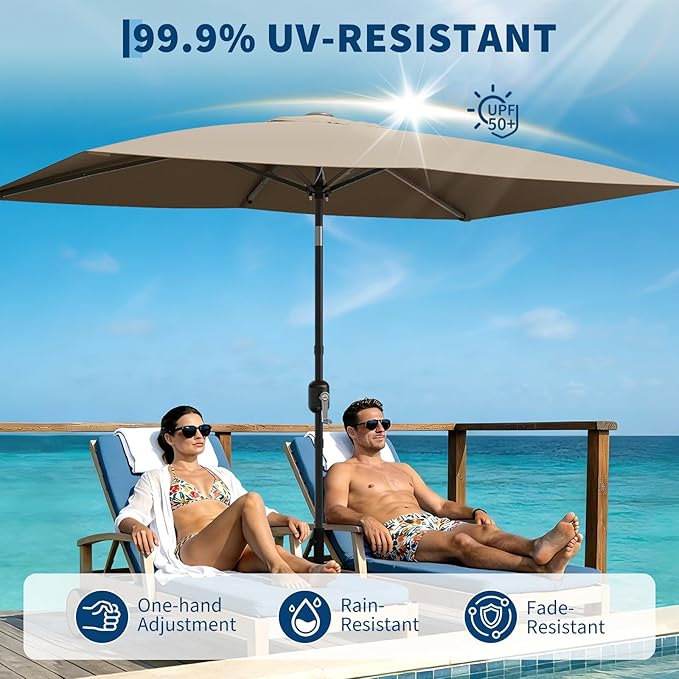 Garvee 10' x 6.5' Rectangular Patio Umbrella, Outdoor Table Umbrella with Crank and Push Button Tilt, Market Umbrella Sun Umbrella with 6 Sturdy Ribs Tilt for Garden, Deck, Lawn, Pool -Tan