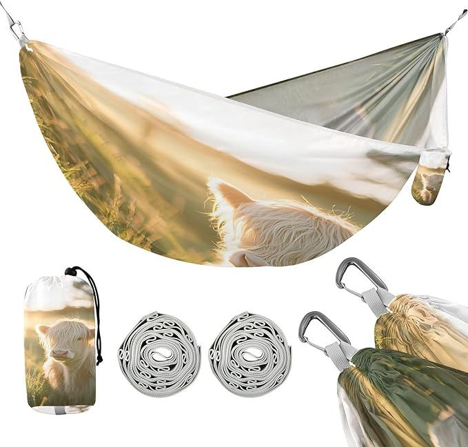 Hammocks for Outside Cute Highland Cow Camping Hammock Portable Hammocks with Tree Straps and Carry Bag Camping Accessories for Hiking Beach Outdoor