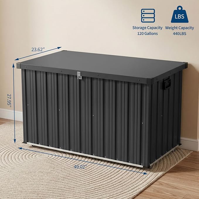 Metal Deck Box Outdoor Patio Storage Container with Wheels, 120 Gallon Heavy-Duty Steel Storage Chest Built with Galvanized Frame & Coated Panels, Large Weather-Resistant Bin for Deck, Porch, Pools