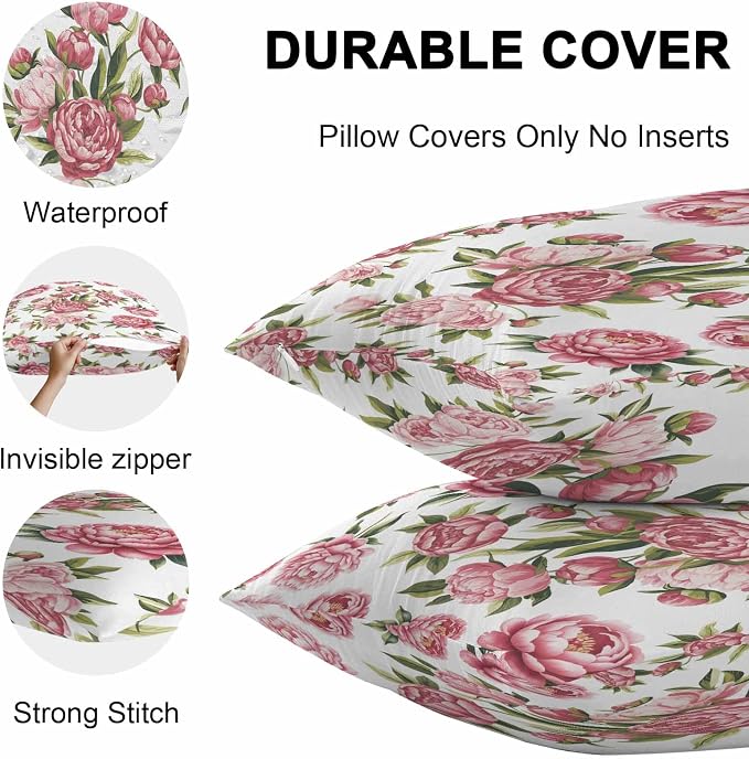 Vandarllin Outdoor Throw Pillows Covers 24x24 inch Set of 2 Waterproof Pink Rose Floral Decorative Zippered Cushion Covers for Patio Furniture, Leaves Flowers Lumbar Pillowcases