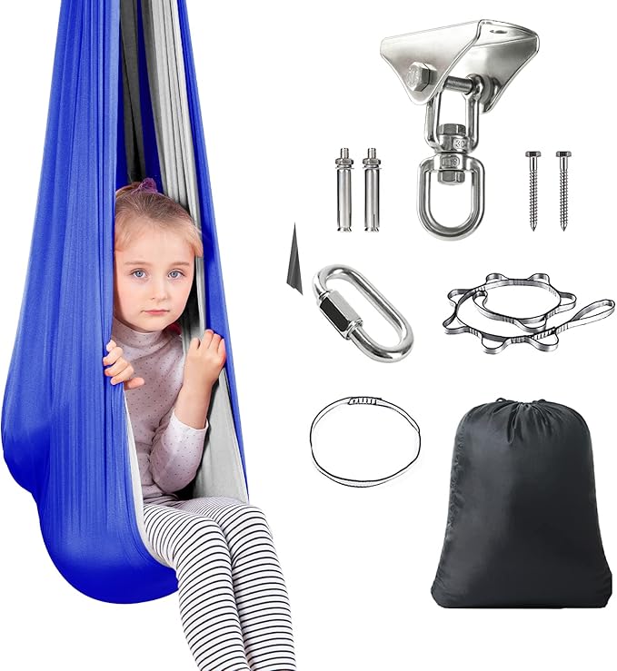 Therapy Swing Hammock Kids Cuddle Sensory Swing Indoor Therapeutic Hammock 360° Rotating Double Layer Elastic Rocking Cloth Swing Gifts for Children with ADHD SPD Asperger Autism (Blue+Grey)