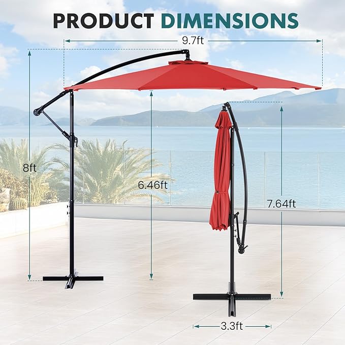 OLIXIS Offset Patio Umbrella, 9.8FT Cantilever Table Umbrellas for Outdoor Sun Shade UV Protection with Easy Tilt Adjustment, 8 Ribs for Backyard, Lawn, Garden, Pool