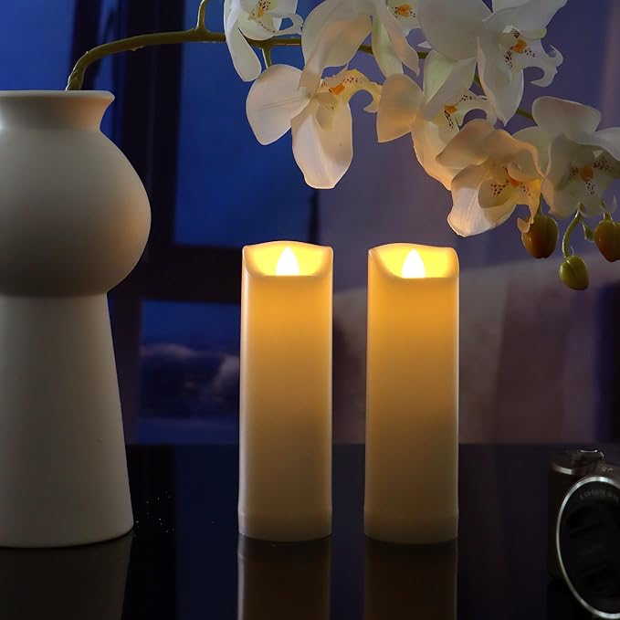 QIDEA 2”X7” Outdoor Waterproof Flameless Candles with Timer, Battery Operated Flickering Led Pillar Candles, Electric Plastic Fake Candles for Home Garden Wedding Halloween Xmas Decorations 4 Pack