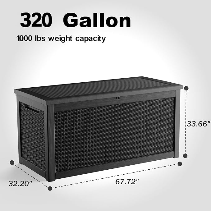 PatioZen 320 Gallon Deck Boxes Outdoor Waterproof, Weatherproof Outdoor Storage Boxes Lockable for Patio Furniture, Pool Supplies,Garden Tools(Black)