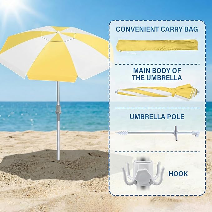 8FT Beach Umbrellas for Sand,Portable Outdoor Windproof Sun Umbrella with Push Button Tilt and Air Vent,UPF 50+ PU Coating for Patio Garden Pool Backyard