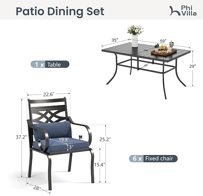 PHI VILLA Patio Dining Set, Metal Table | Metal chairs, Blue Cushion, Umbrella Hole, Cushions, E-coated
