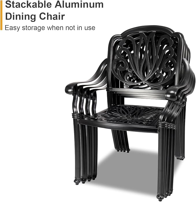 5 Piece Cast Aluminum Patio Dining Set, All Weather Outdoor Dining Furniture Set Includes 4 Chairs and 1 Round Table with Umbrella Hole for Garden,Deck, Balcony,Backyard, Black