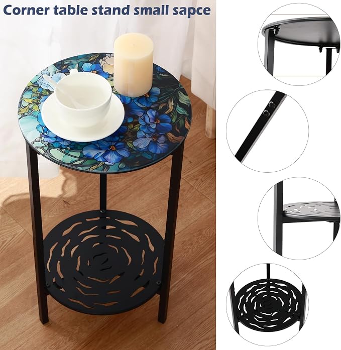 2-Tier Metal Round Side Table Black Accent Coffee Tables Small Space Corner Plant Stand Shelf for Indoor Outdoor Use Patio Balcony End Table Floral Print Weather-Resistant