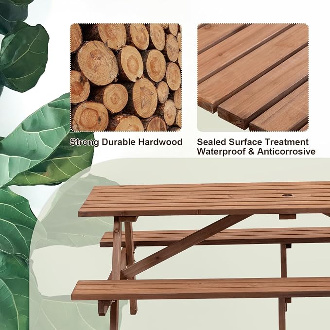 Outdoor Wooden Picnic Table with Benches and Umbrella Hole, Rustic Style Wood Picnic Table Bench Set for 6 or 8 Person for Backyard, Porch, Patio, and Deck, Brown