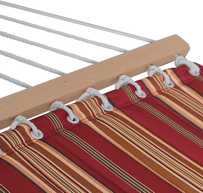 Lazy Daze Hammocks 2 Person Hammock with 12FT Stand for Outside, Quilted Double Hammock with Detachable Pillow, Balance Strap & Carrying Bag Included, 450lbs Capacity, Red Stripes