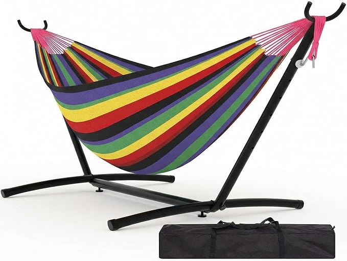 Double Hammock with Stand for Outside, 2 Person Heavy Duty Hammocks for Indoor Outdoor Patio with Carrying Bag, 450 Lbs Capacity, Space Saving Heavy-Duty Steel Stand