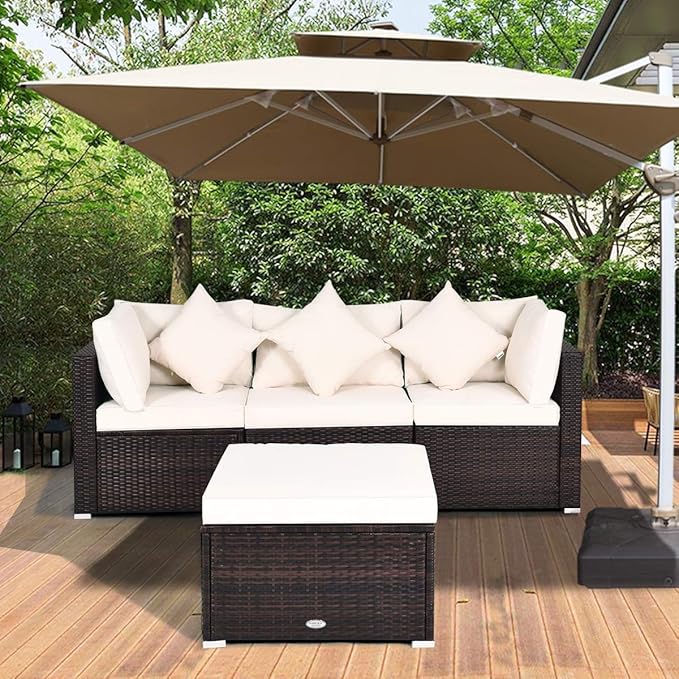 Tangkula 4 PCS Patio Rattan Sofa Set, Outdoor Wicker Sectional Furniture Set, Patio Conversation Set with Removable Cushions & Pillows for Backyard Porch Garden Poolside Balcony (White)