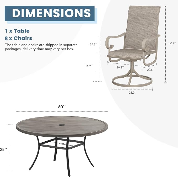 DIFY 9 Pieces Outdoor Dining Set for 8, Outdoor Furniture Set of 8 Sandshell Textilene Swivel Patio Chairs, 60" Grey Wood-Like Round Metal Dining Table Set with Umbrella Hole, for Garden Deck Backyard