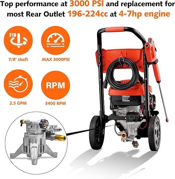 3000 PSI Vertical Pressure Washer Pump Replacement, 7/8" Shaft | 2700-3000 PSI Cleaning Power • Fits 7/8" Vertical Shaft Engines • Rear Inlet & Outlet • Ideal for Driveways,Patios & Vehicles